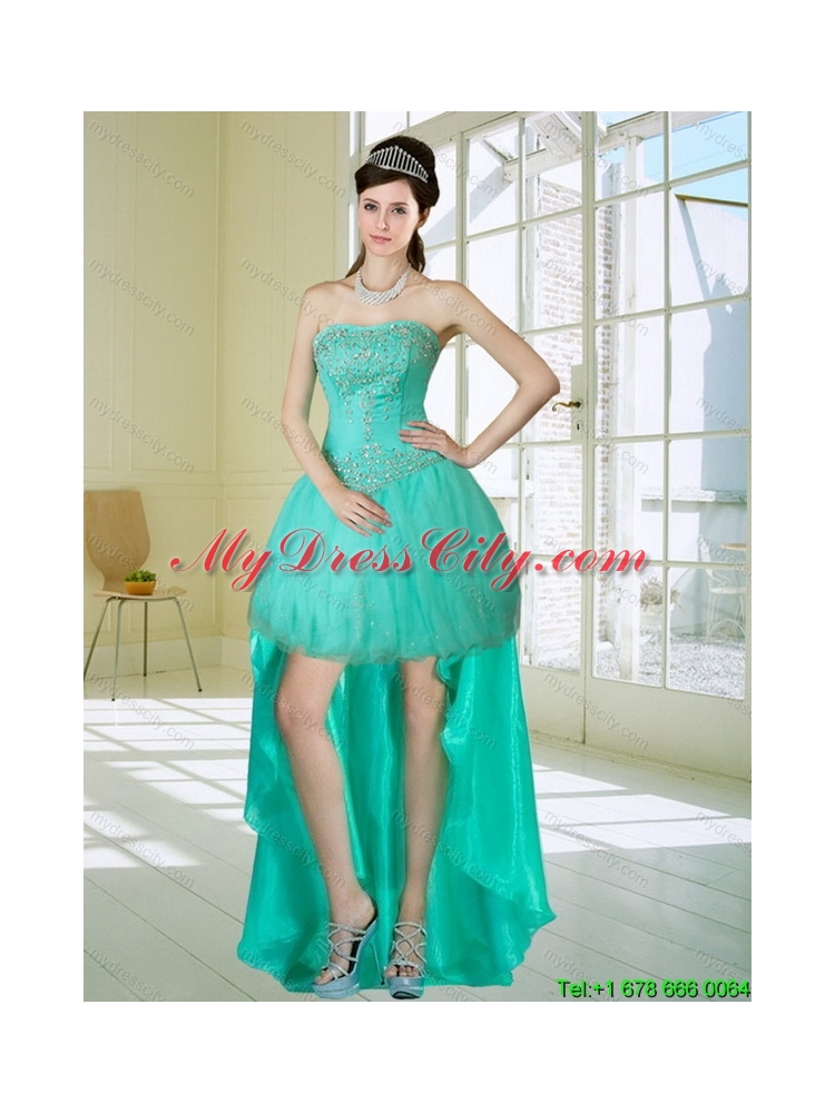 Apple Green Strapess High Low Prom Dresses with Embroidery and Beading