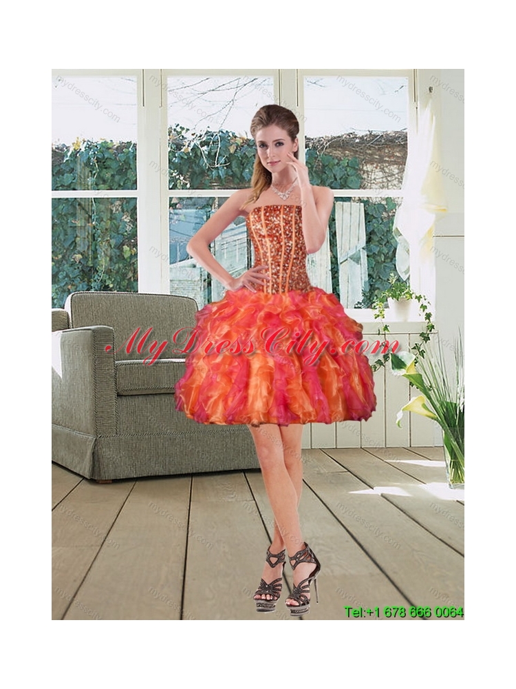 Ball Gown Strapless Multi Color 2015 Prom Dresses with Beading and Ruffles