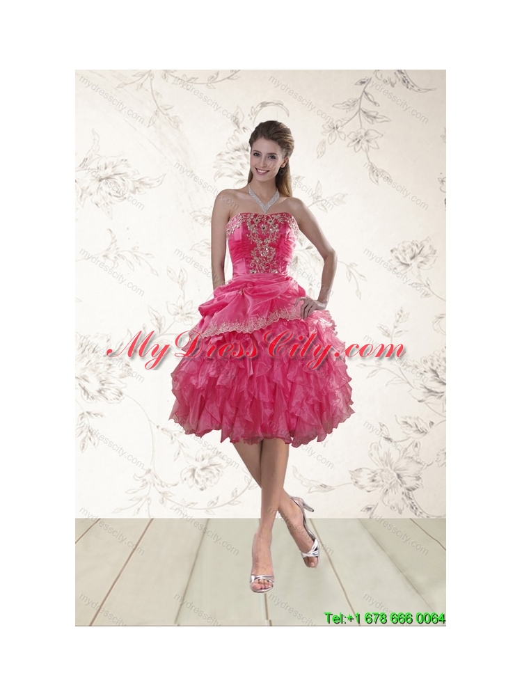 Coral Red Strapless Prom Dresses with Beading and Ruffles