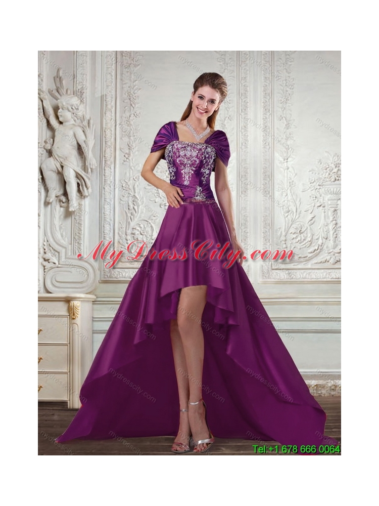 Dark Purple High Low Strapless Embroidery Prom Dresses for 2015 Spring