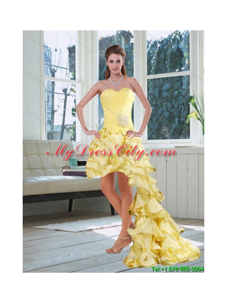 Light Yellow Sweetheart High Low Prom Dress with Beading and Ruffled Layers