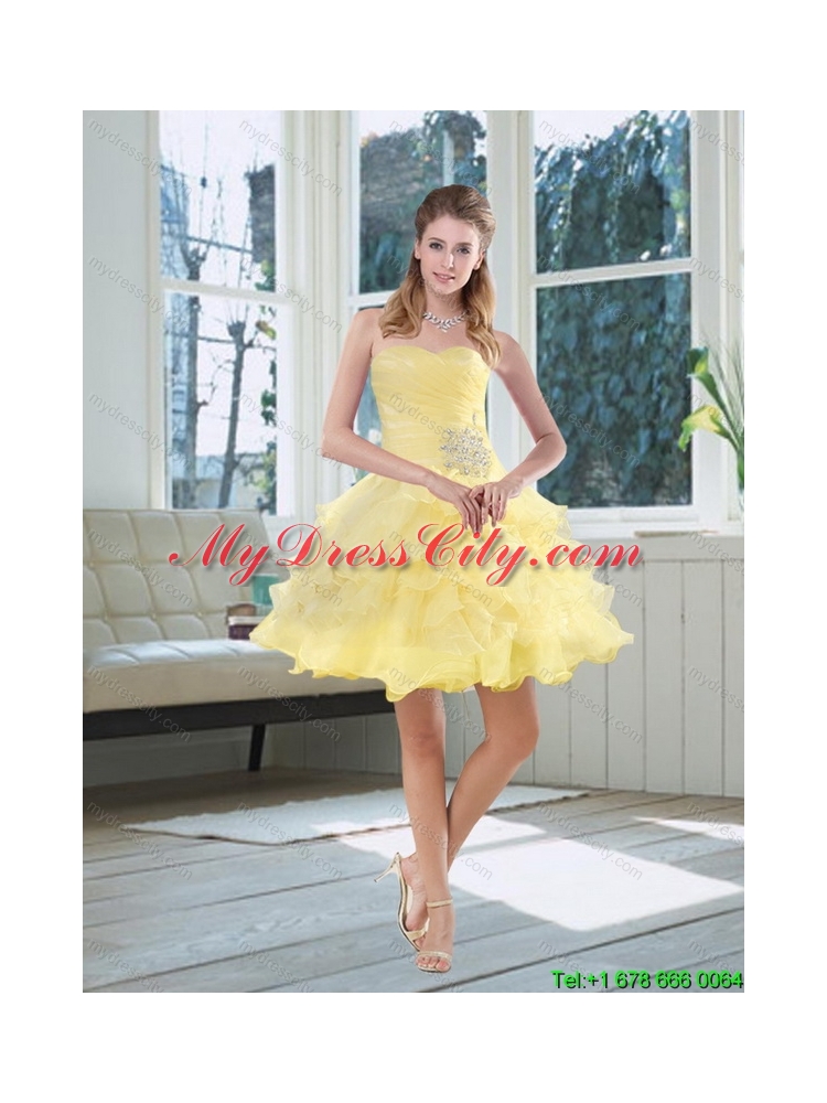 Light Yellow Sweetheart High Low Prom Dress with Beading and Ruffled Layers