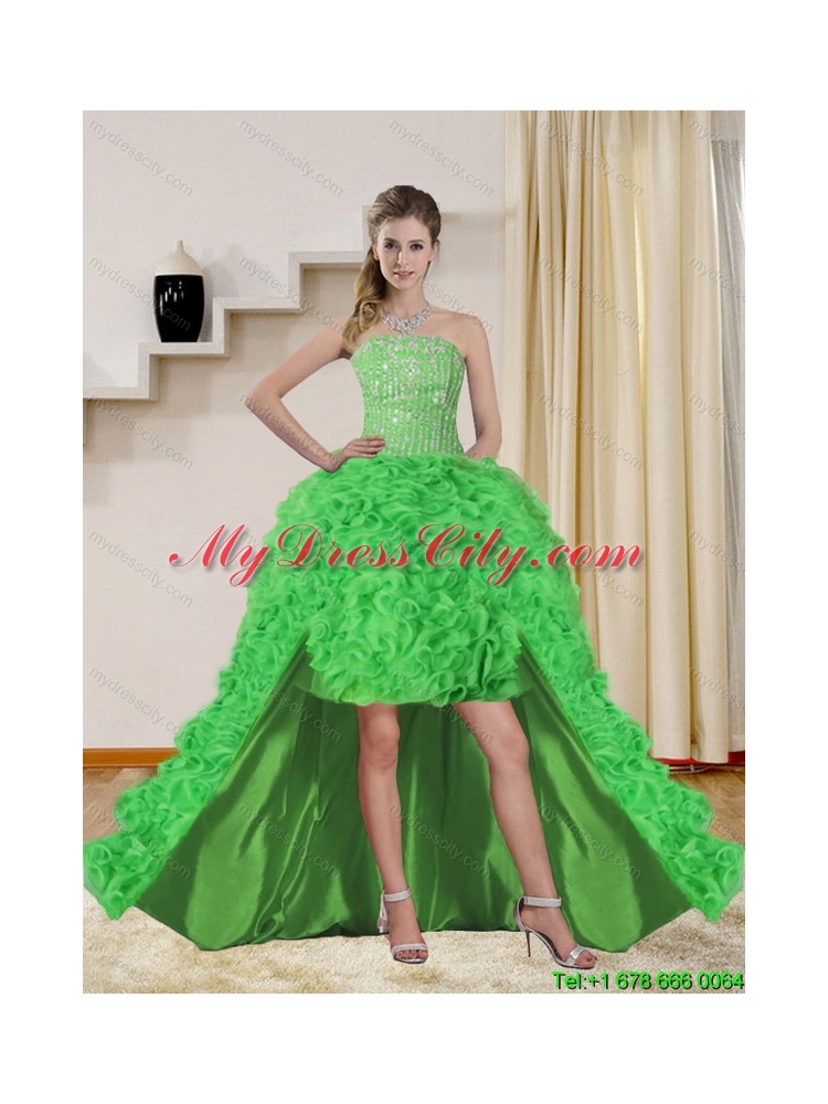 2015 Beautiful Spring Green High Low Prom Dresses with Beading