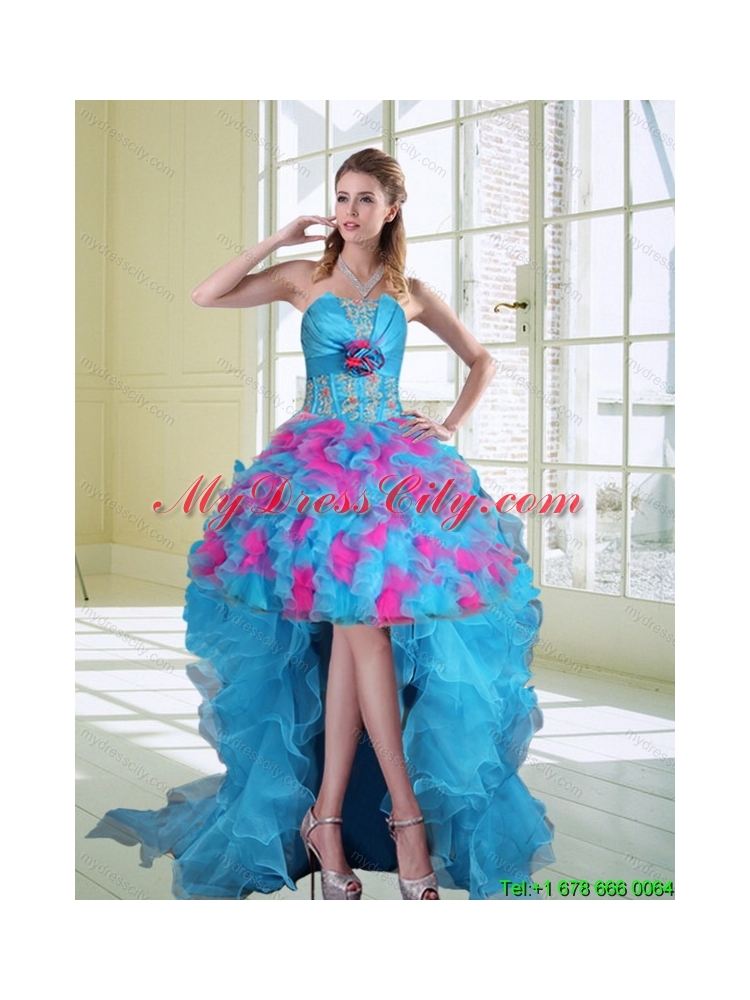 2015 High Low Strapless  Prom Dresses with Hand Made Flower and Ruffles