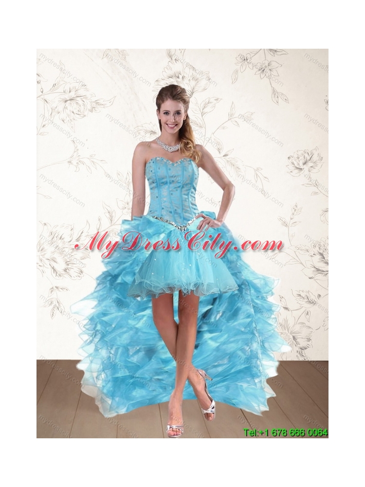 Baby Blue Sweetheart High Low Prom Dresses with Ruffles and Beading