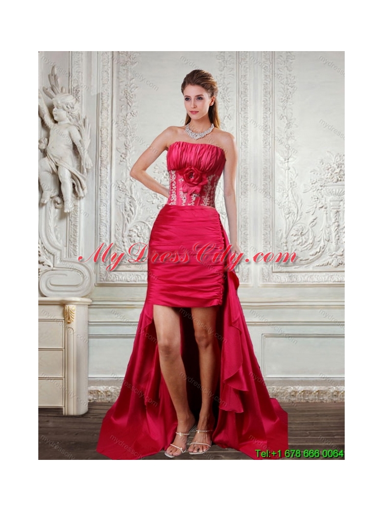 High Low Strapless Ruffled Coral Red Prom Dresses with Hand Made Flower