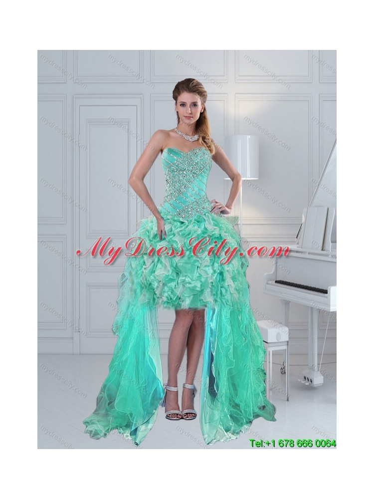 Pretty High Low Sweetheart Prom Dress in Apple Green with Ruffles and Beading