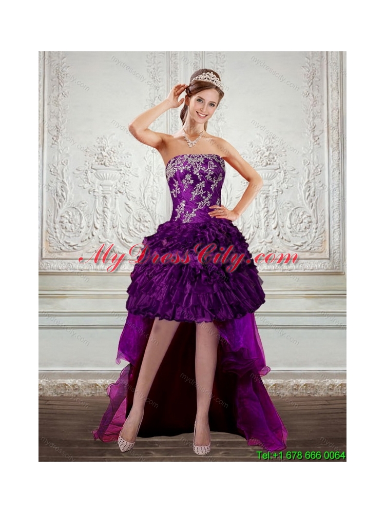 Dark Purple Strapless Prom Dresses with Embroidery and Ruffles