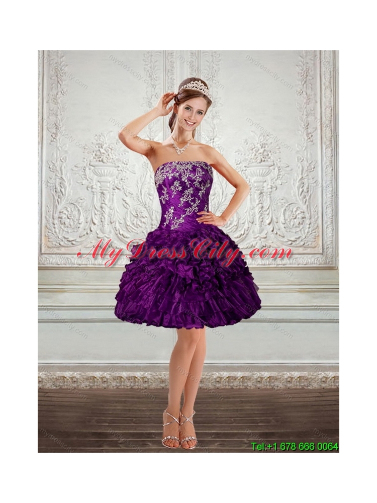 Dark Purple Strapless Prom Dresses with Embroidery and Ruffles