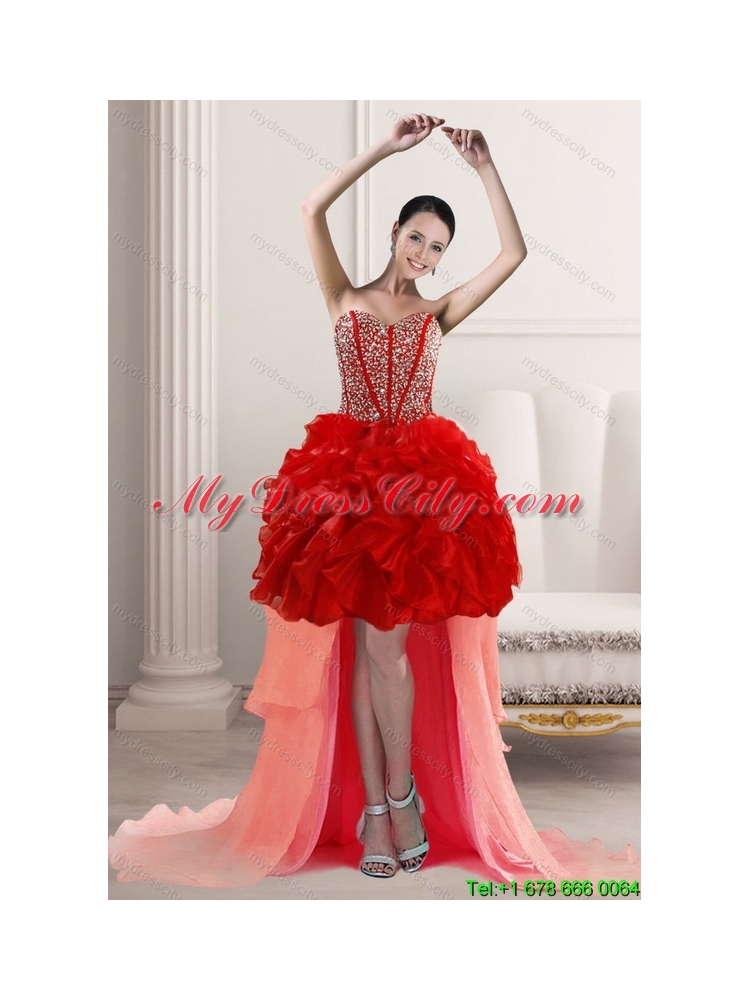 2015 Beautiful High Low Prom Dresses with Beading and Ruffles