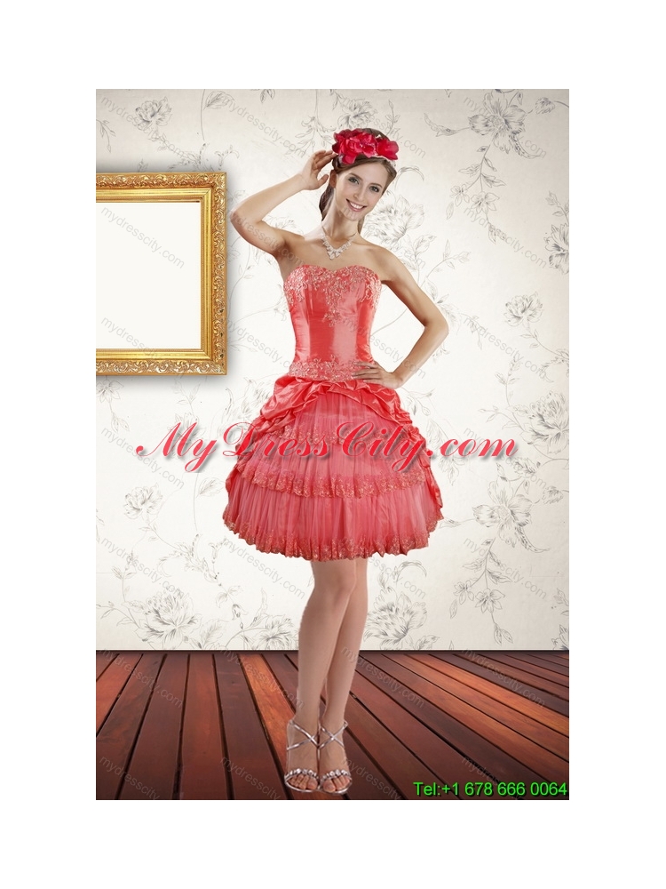 2015 Strapless Coral Red Prom Gown with Ruffled Layers