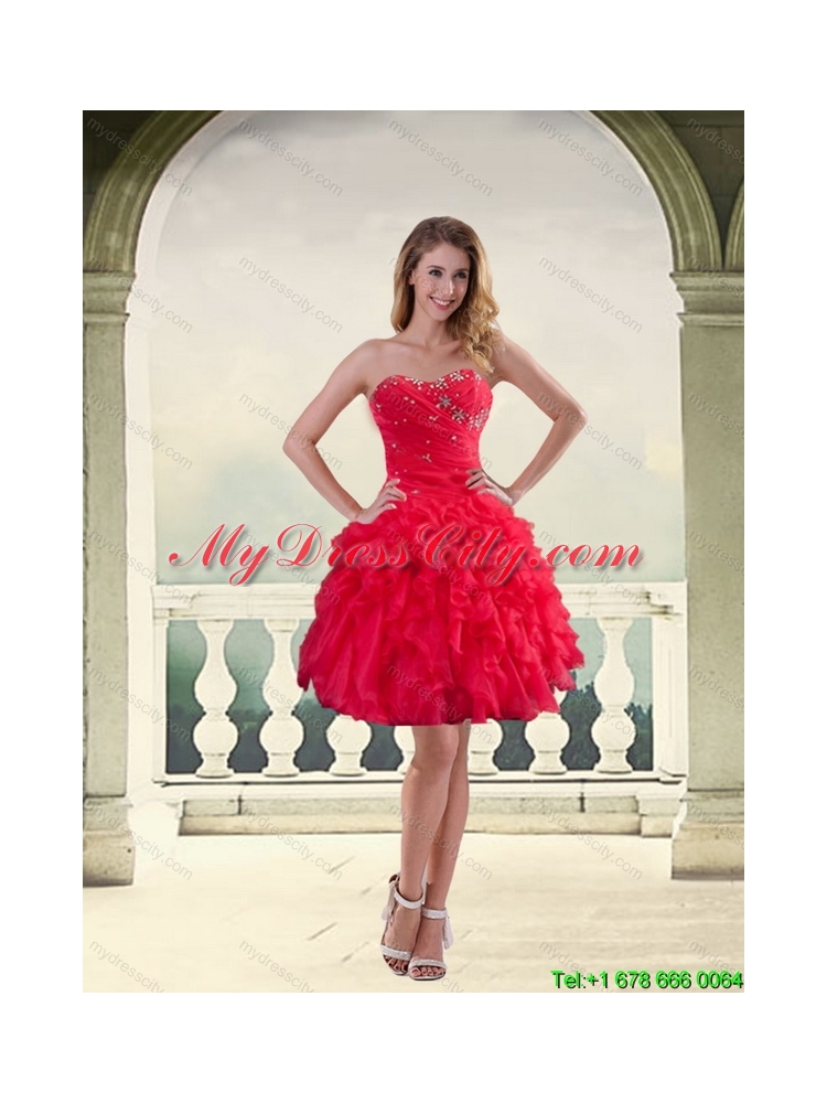 Coral Red Ball Gown Strapless Prom Dresses with Ruffles and Beading