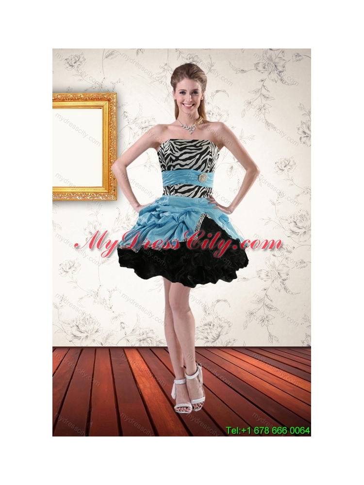 Zebra Printed Strapless Prom Gown with Ruffles and Pick Ups