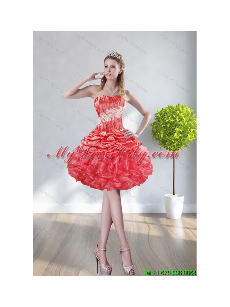 2015 Fashionable Strapless Watermelon Red Prom Dresses With Appliques and Ruffles