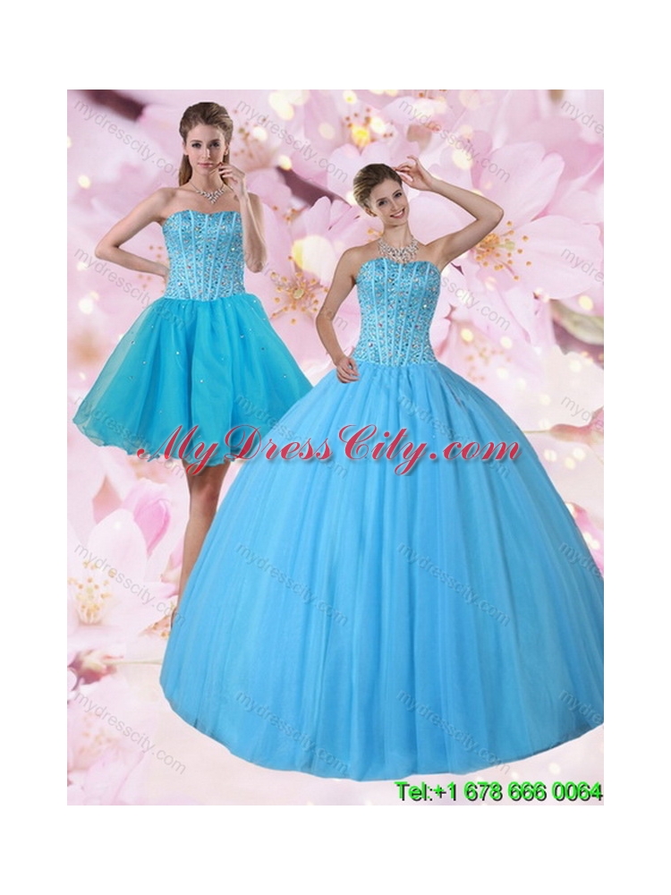 2015 Gorgeous Detachable Baby Blue Strapless Quinceanera Dress with Beading