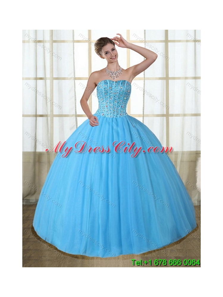 2015 Gorgeous Detachable Baby Blue Strapless Quinceanera Dress with Beading