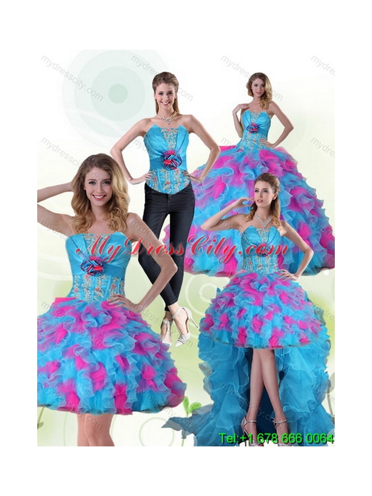 2015 Beautiful Strapless Appliques and Ruffles Multi Color Quinceanera Dress