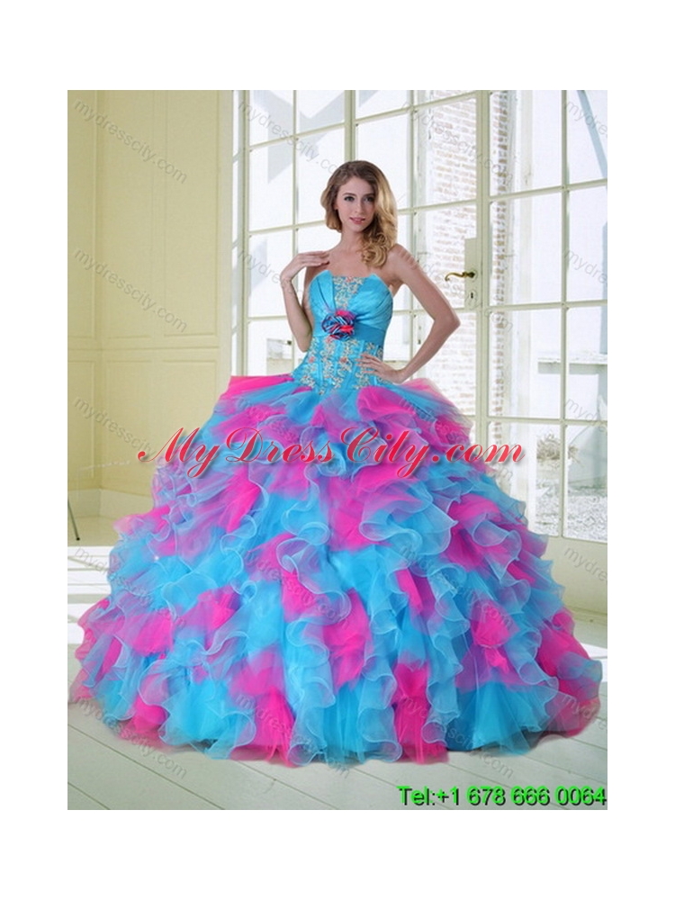 2015 Beautiful Strapless Appliques and Ruffles Multi Color Quinceanera Dress