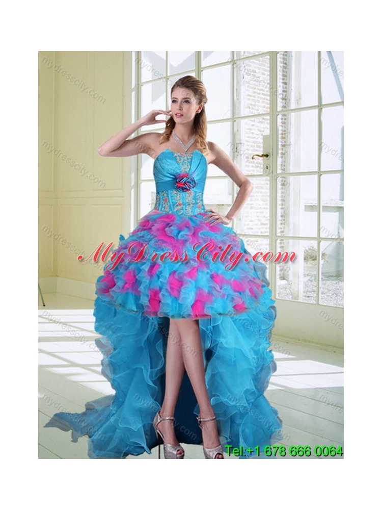 2015 Beautiful Strapless Appliques and Ruffles Multi Color Quinceanera Dress