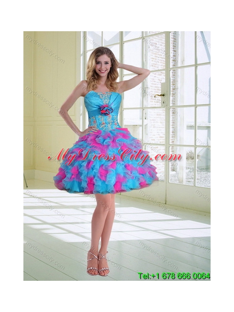 2015 Beautiful Strapless Appliques and Ruffles Multi Color Quinceanera Dress