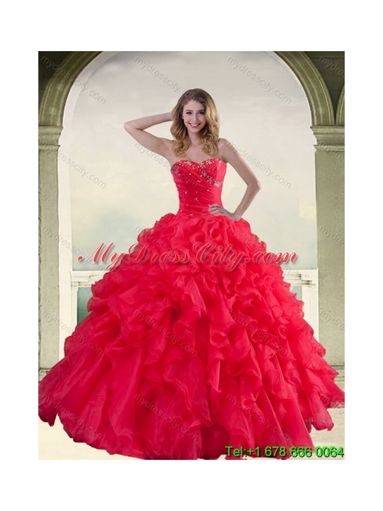 2015 Elegant Red Strapless Quinceanera Dress with Ruffles and Beading