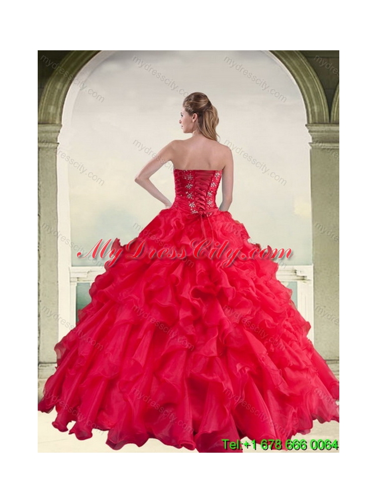 2015 Elegant Red Strapless Quinceanera Dress with Ruffles and Beading