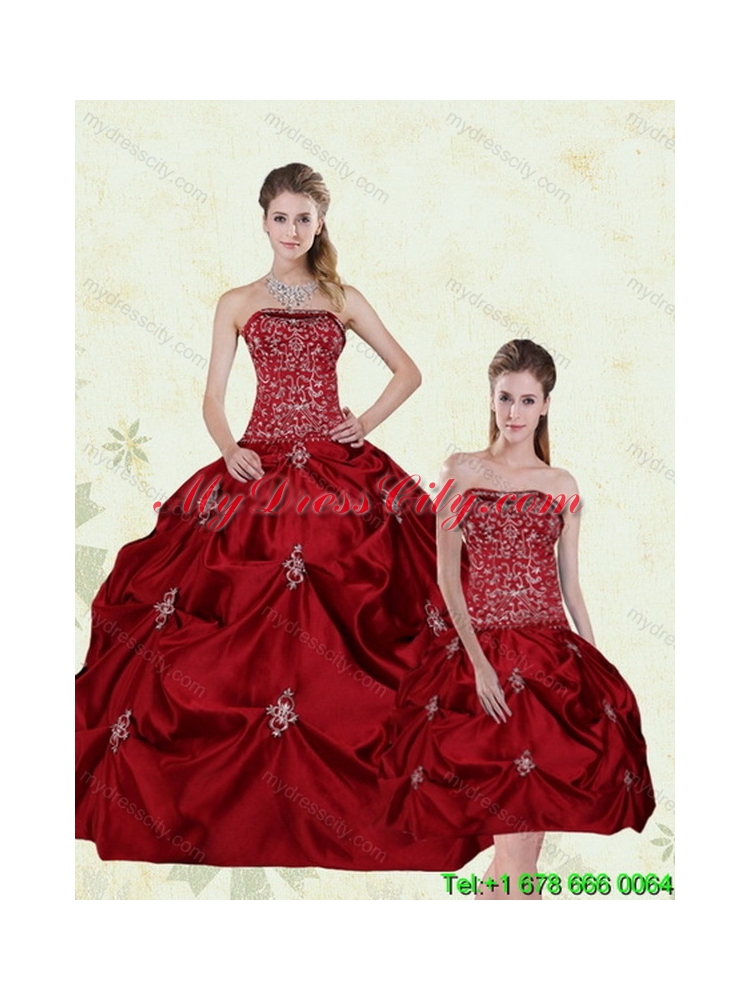 Best Wine Red Strapless Quinceanera Gown with Embroidery and Pick Ups