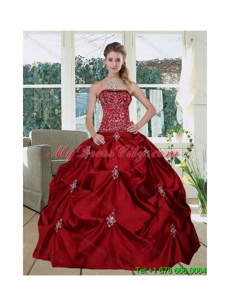 Best Wine Red Strapless Quinceanera Gown with Embroidery and Pick Ups