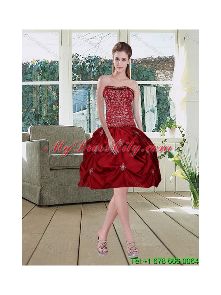 Best Wine Red Strapless Quinceanera Gown with Embroidery and Pick Ups