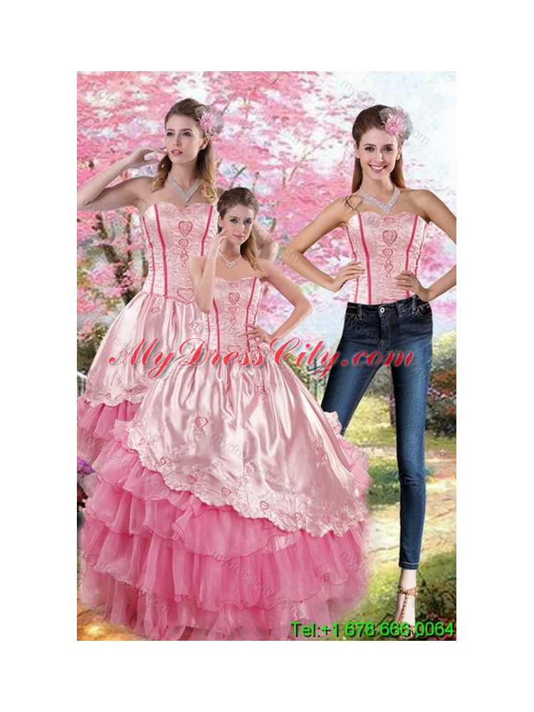 Pink Strapless 2015 Quinceanera Dresses with Embroidery and Ruffles