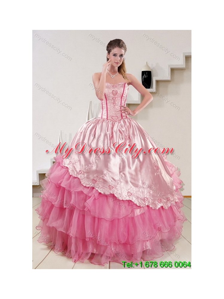 Pink Strapless 2015 Quinceanera Dresses with Embroidery and Ruffles