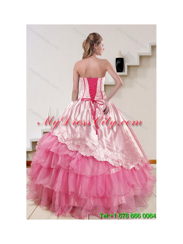 Pink Strapless 2015 Quinceanera Dresses with Embroidery and Ruffles