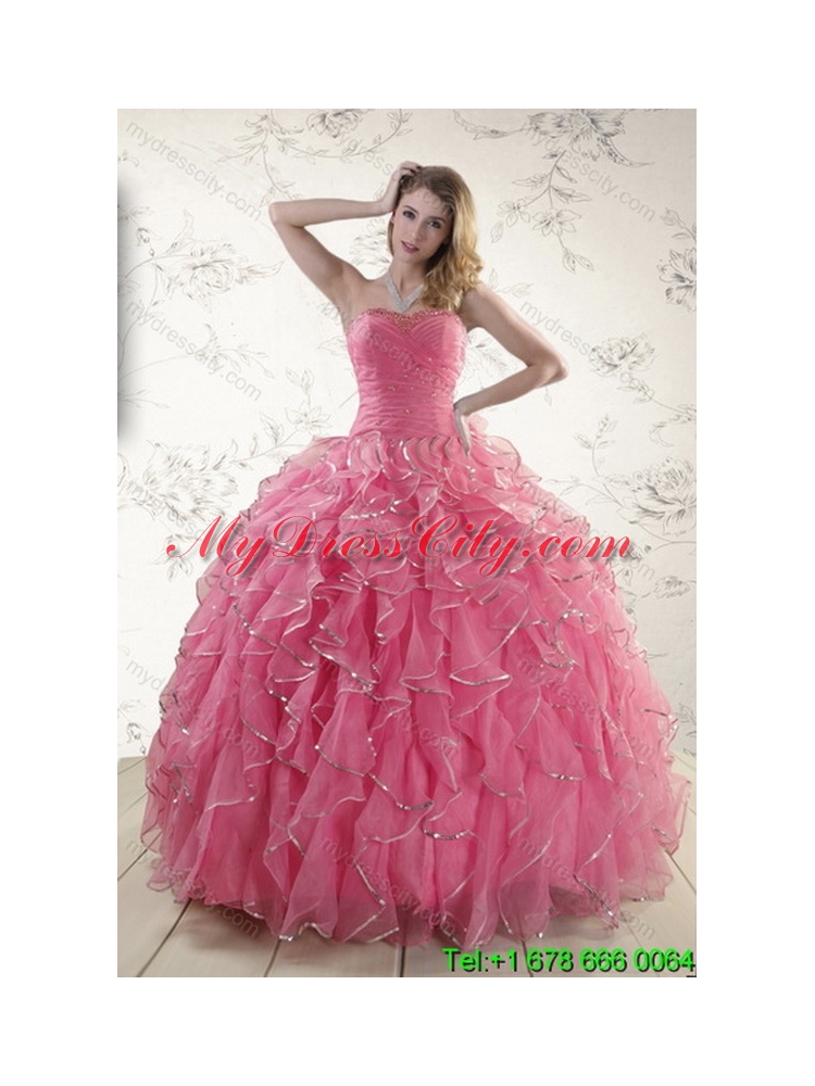 2015 Elegant Rose Pink Best Quince Dresses with Paillette and Ruffles