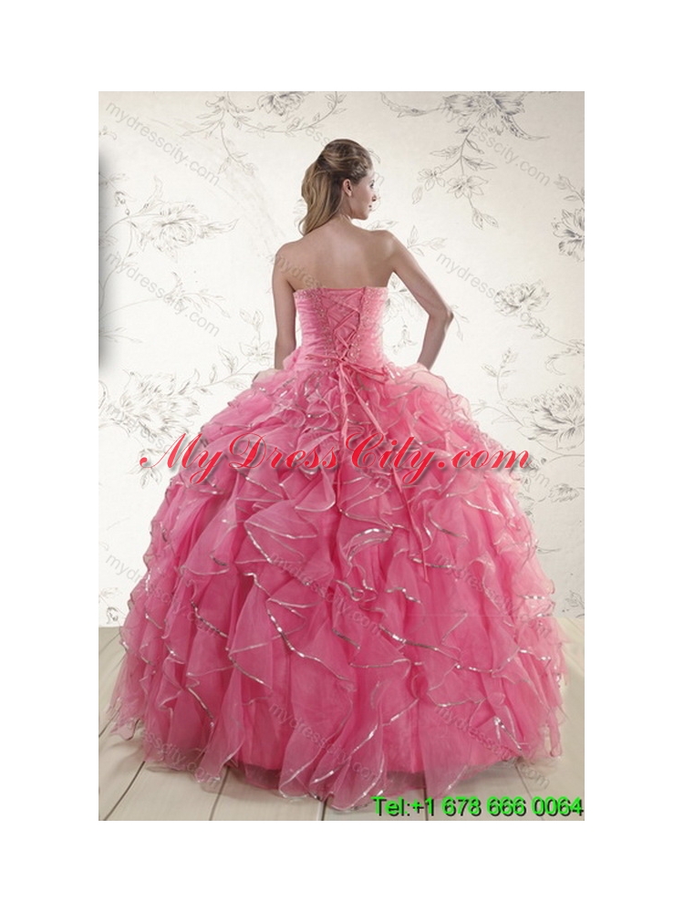 2015 Elegant Rose Pink Best Quince Dresses with Paillette and Ruffles