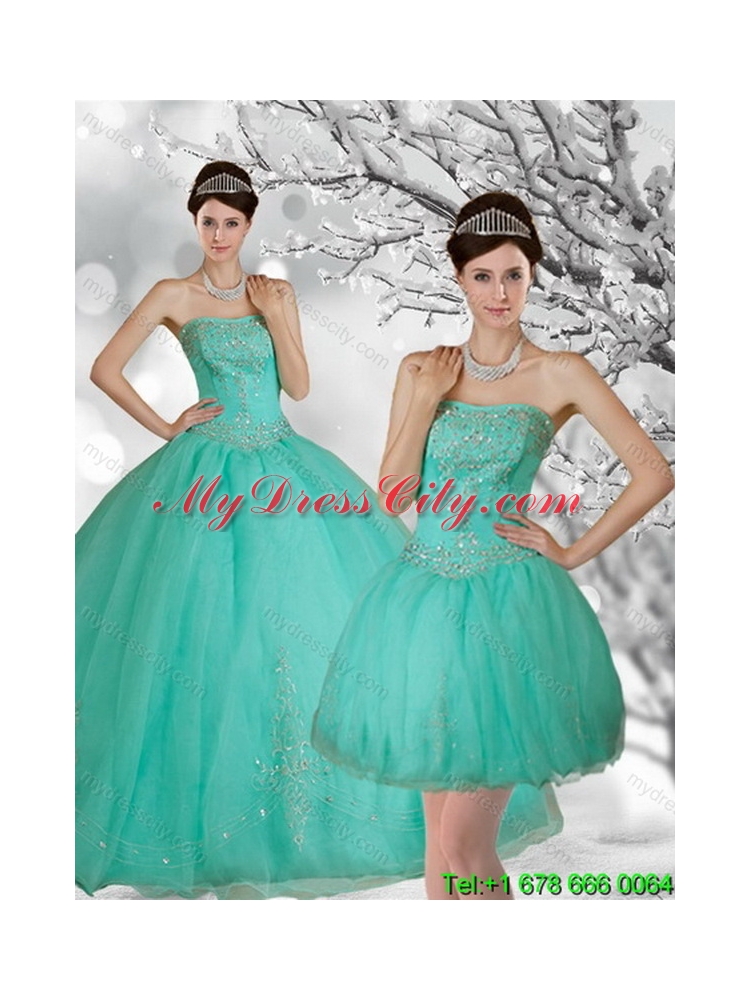 Fashionable Apple Green Strapless Best Quince Dress with Appliques and Beading for 2015