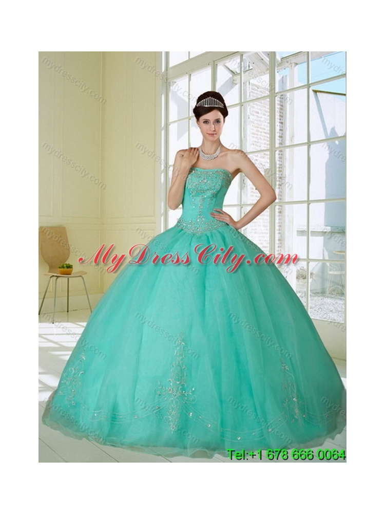 Fashionable Apple Green Strapless Best Quince Dress with Appliques and Beading for 2015