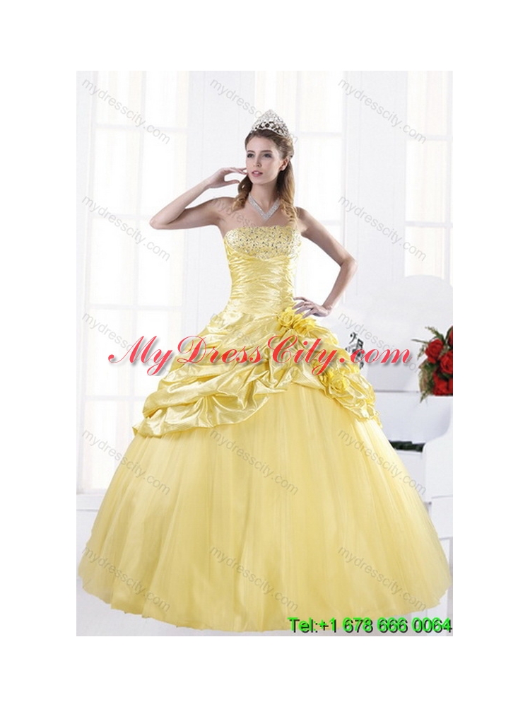 Fashionable Strapless 2015 Beading Best Quince Dresses with Beadings and Pick Ups