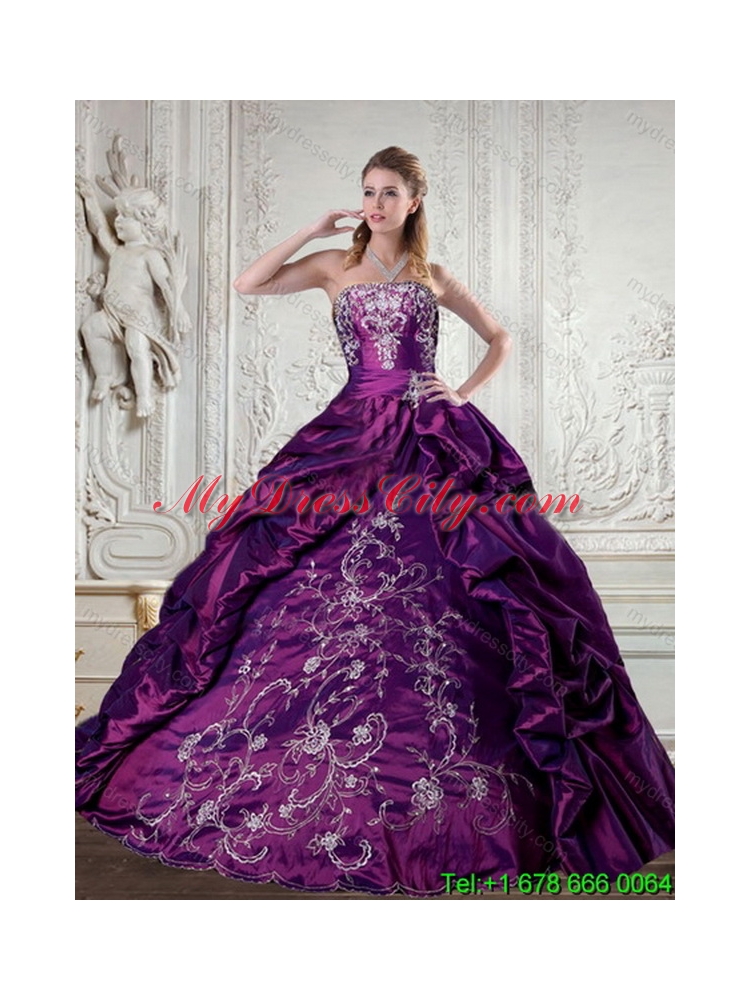 Floor Length Strapless Embroidery and Pick Up Best QuinceaneraGown for 2015