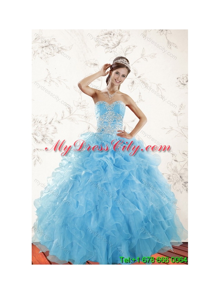 2015 Elegant Baby Blue Classic Quince Dresses with Appliques and Ruffles