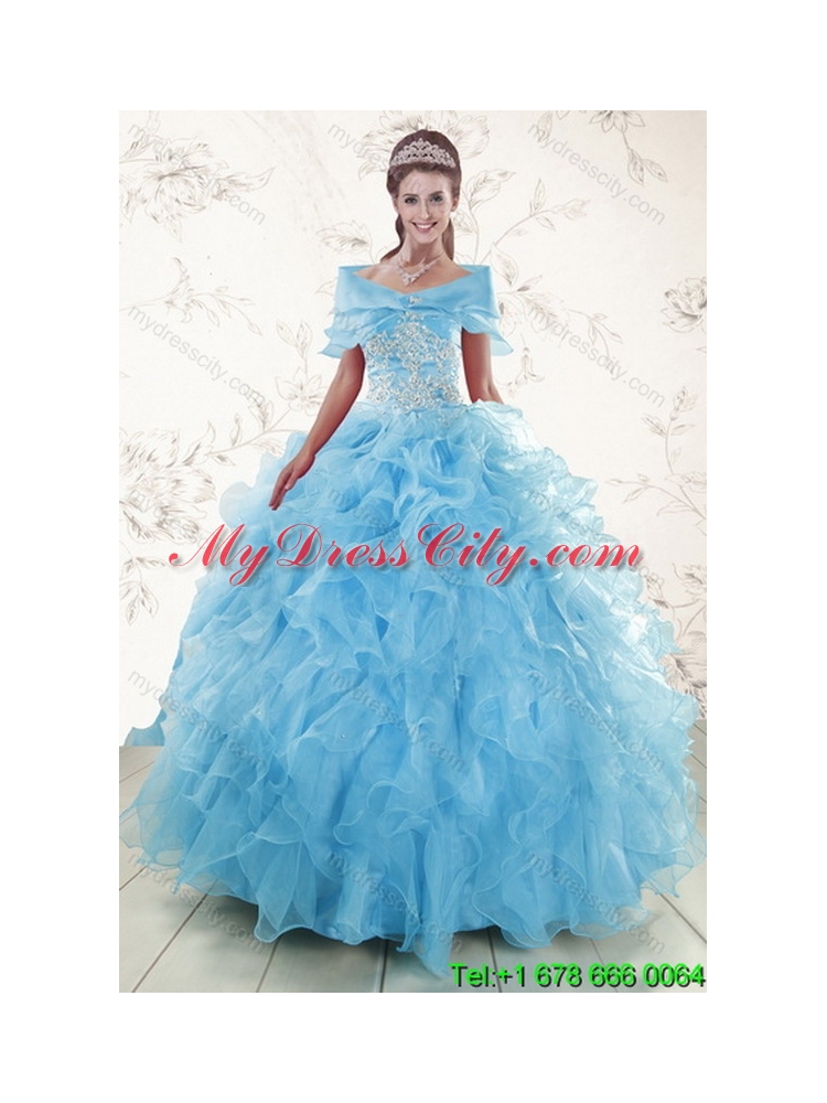 2015 Elegant Baby Blue Classic Quince Dresses with Appliques and Ruffles