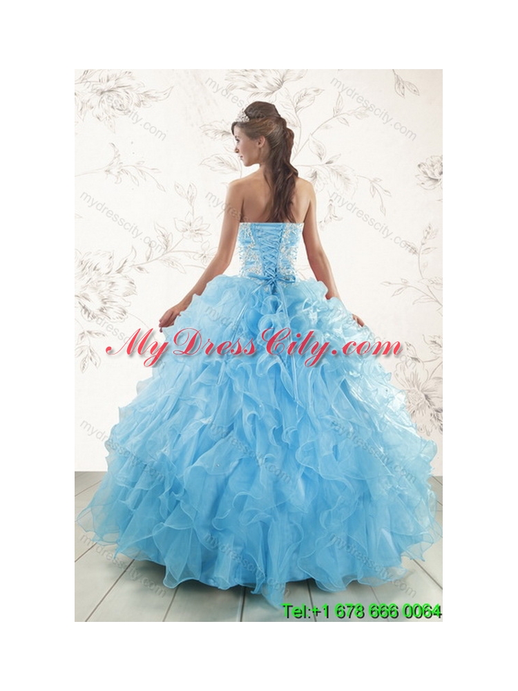 2015 Elegant Baby Blue Classic Quince Dresses with Appliques and Ruffles