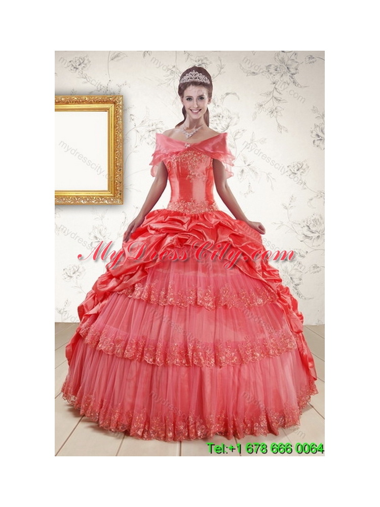 2015 Strapless Coral Red Classic Quinceanera Dresses with Pick Ups and Beading