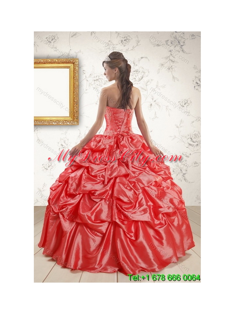 2015 Strapless Coral Red Classic Quinceanera Dresses with Pick Ups and Beading