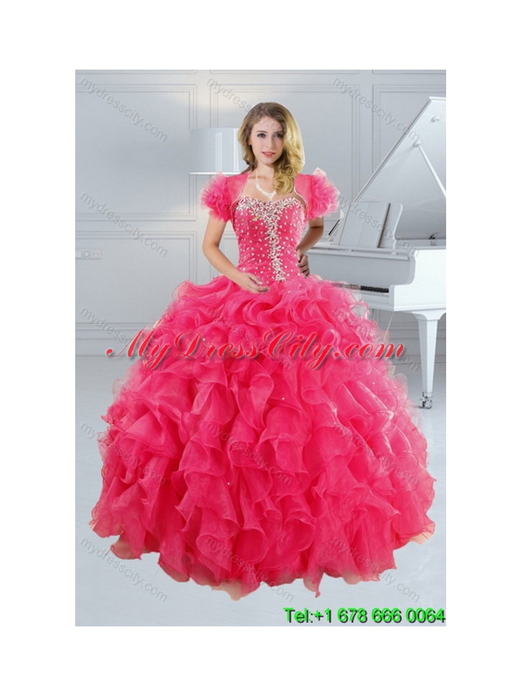 2015 Unique Hot Pink Classic Quince Dresses with Ruffles and Beading