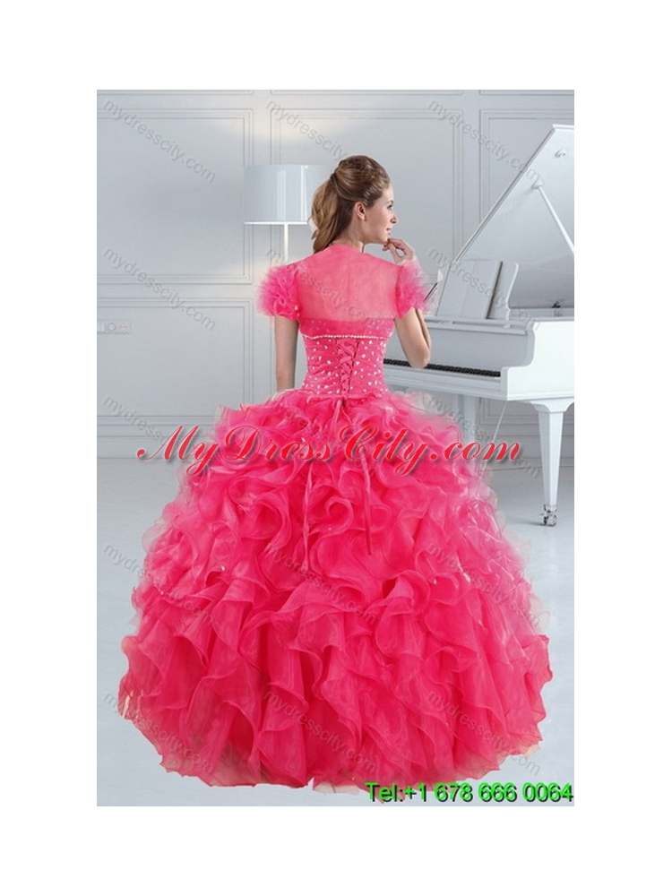 2015 Unique Hot Pink Classic Quince Dresses with Ruffles and Beading