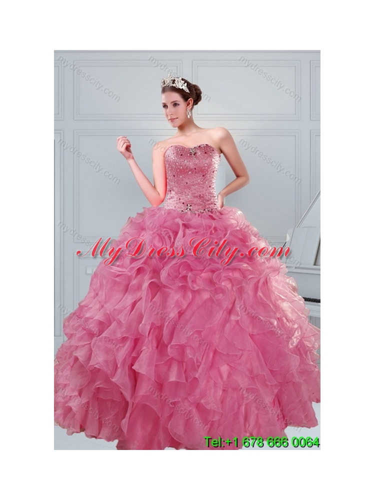 The Super Hot 2015 Beading and Classic Ruffles Quinceanera Dresses in Coral Red