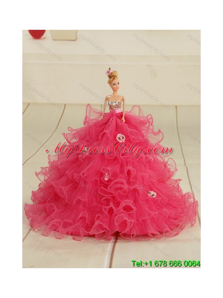 The Super Hot 2015 Beading and Classic Ruffles Quinceanera Dresses in Coral Red