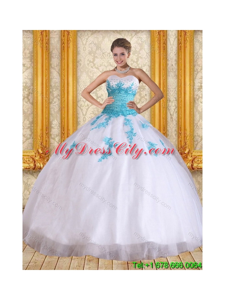 2015 Beautiful Strapless Beading and Appliques Unique Quinceanera Dress in White and Blue