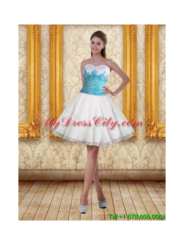 2015 Beautiful Strapless Beading and Appliques Unique Quinceanera Dress in White and Blue