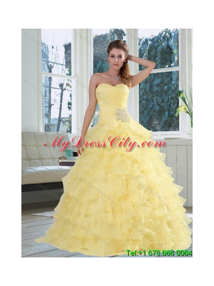 2015 Yellow Sweetheart Unique Quinceanera Dress with Beading and Ruffled Layers